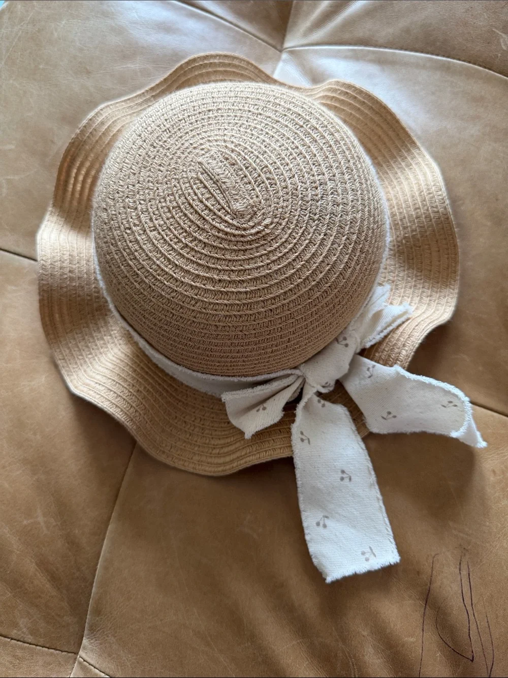 Girls' Tan Straw Floppy Sun Hat with Cream Bow